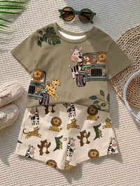 Set Kaos Leher Bulat Motif Kartun dan Celana Pendek Bayi Laki-Laki 2 Pcs