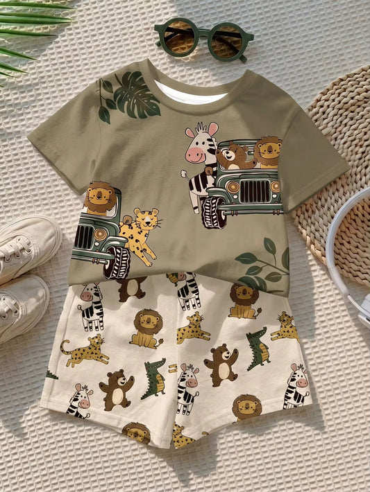 Set Kaos Leher Bulat Motif Kartun dan Celana Pendek Bayi Laki-Laki 2 Pcs