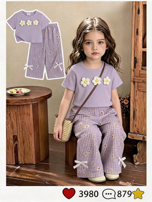 Set Kaos Bertekstur Hiasan Bunga 3D dan Celana Panjang Bayi Perempuan 2 Pcs