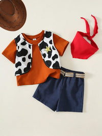 SHEIN Baby Boy, Baby Boy 4pcs Cute Denim Outfit, Short Sleeve T-Shirt And Cow Print Vest And Shorts And Red Bandana Set, Halloween