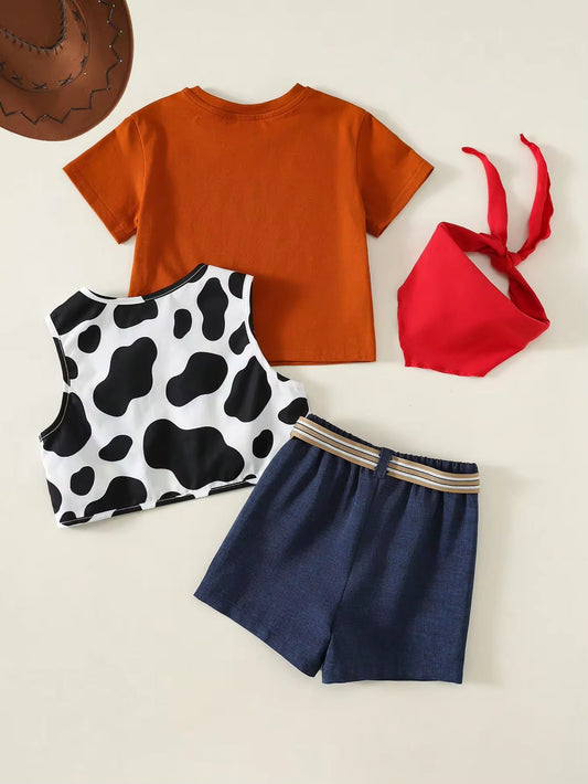 Set Kaos Rompi Motif Sapi Celana Pendek Bandana Bayi Laki-Laki 4 Pcs