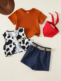 SHEIN Baby Boy, Baby Boy 4pcs Cute Denim Outfit, Short Sleeve T-Shirt And Cow Print Vest And Shorts And Red Bandana Set, Halloween