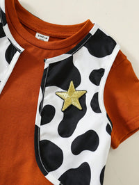 SHEIN Baby Boy, Baby Boy 4pcs Cute Denim Outfit, Short Sleeve T-Shirt And Cow Print Vest And Shorts And Red Bandana Set, Halloween