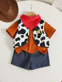 SHEIN Baby Boy, Baby Boy 4pcs Cute Denim Outfit, Short Sleeve T-Shirt And Cow Print Vest And Shorts And Red Bandana Set, Halloween