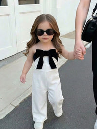 Jumpsuit Pesta Elegan Aksen Pita Hitam Putih Bayi Perempuan 1 Pcs