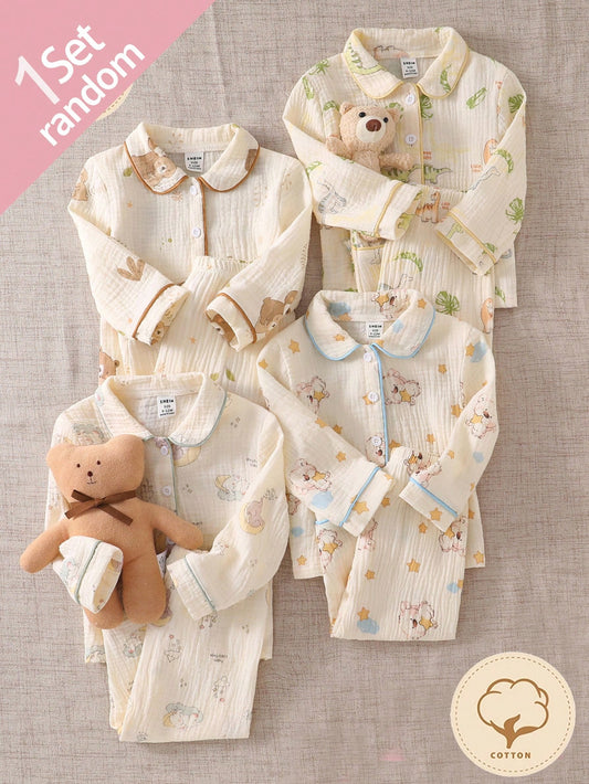 1pc Baby Boy Cotton Crinkle Fabric Cute Dinosaur Elephant Bear Pattern Collar Open Front Long Sleeve Autumn/Winter Pants Casual 2pcs Loungewear Set