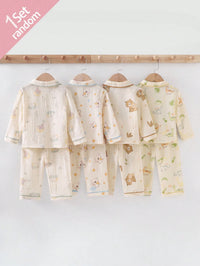 1pc Baby Boy Cotton Crinkle Fabric Cute Dinosaur Elephant Bear Pattern Collar Open Front Long Sleeve Autumn/Winter Pants Casual 2pcs Loungewear Set