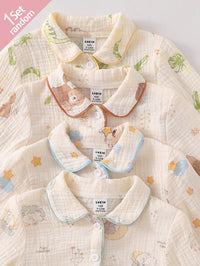 1pc Baby Boy Cotton Crinkle Fabric Cute Dinosaur Elephant Bear Pattern Collar Open Front Long Sleeve Autumn/Winter Pants Casual 2pcs Loungewear Set