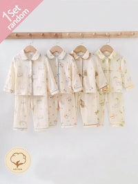1pc Baby Boy Cotton Crinkle Fabric Cute Dinosaur Elephant Bear Pattern Collar Open Front Long Sleeve Autumn/Winter Pants Casual 2pcs Loungewear Set
