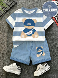 Set Kaos Lengan Pendek Motif Kartun dan Celana Pendek Bayi Laki-Laki 2 Pcs