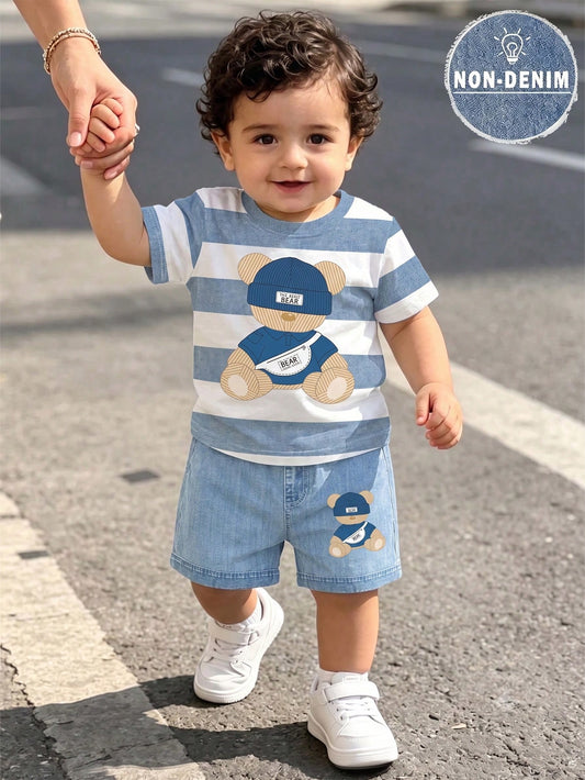 SHEIN Baby Boy Crew Neck Cartoon Pattern Colorblock Short Sleeve T-Shirt And Shorts Set, Suitable For Outdoor Activities,School Clothes