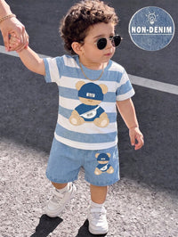 SHEIN Baby Boy Crew Neck Cartoon Pattern Colorblock Short Sleeve T-Shirt And Shorts Set, Suitable For Outdoor Activities,School Clothes