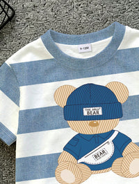 SHEIN Baby Boy Crew Neck Cartoon Pattern Colorblock Short Sleeve T-Shirt And Shorts Set, Suitable For Outdoor Activities,School Clothes
