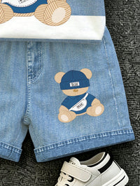 SHEIN Baby Boy Crew Neck Cartoon Pattern Colorblock Short Sleeve T-Shirt And Shorts Set, Suitable For Outdoor Activities,School Clothes