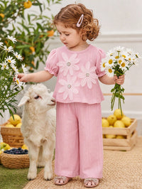 2pcs/Set Sweet Cute 3D Floral Decor Puff Sleeve Top & Straight Leg Pants Pink Outfit, Suitable For Summer Travel, Vacation And Daily Wear