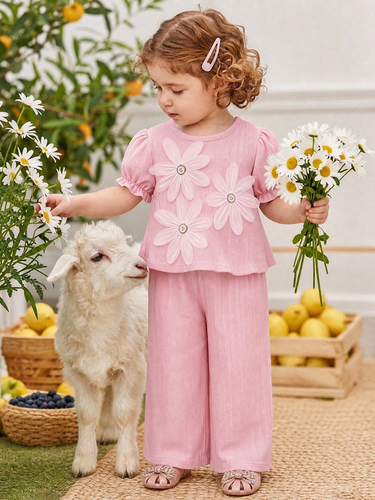 2pcs/Set Sweet Cute 3D Floral Decor Puff Sleeve Top & Straight Leg Pants Pink Outfit, Suitable For Summer Travel, Vacation And Daily Wear