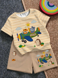 Baby Boys' Short Sleeve Cartoon Striped T-Shirt and Shorts Set