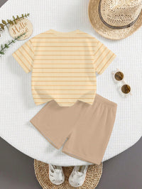Baby Boys' Short Sleeve Cartoon Striped T-Shirt and Shorts Set