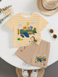 Baby Boys' Short Sleeve Cartoon Striped T-Shirt and Shorts Set
