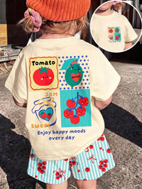 Baby Girls Simple Casual Cute Vintage Pastoral Fruit Tomato, Polka Dot Colorblock Striped Bow Heart Pattern, T-Shirt & Shorts Loose 2-Piece Set