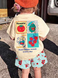 Baby Girls Simple Casual Cute Vintage Pastoral Fruit Tomato, Polka Dot Colorblock Striped Bow Heart Pattern, T-Shirt & Shorts Loose 2-Piece Set