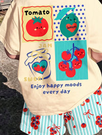 Baby Girls Simple Casual Cute Vintage Pastoral Fruit Tomato, Polka Dot Colorblock Striped Bow Heart Pattern, T-Shirt & Shorts Loose 2-Piece Set
