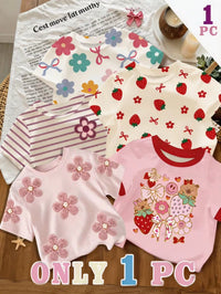 Kaos Lengan Pendek Leher Bulat Motif Bunga Garis Bayi Perempuan 1 Pcs
