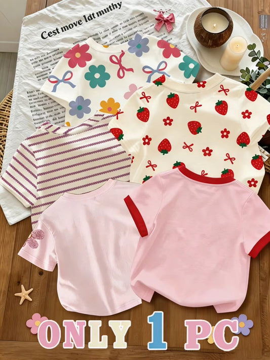 Kaos Lengan Pendek Leher Bulat Motif Bunga Garis Bayi Perempuan 1 Pcs