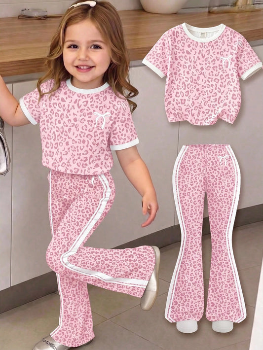 Baby Girl Casual Minimalist Short Sleeve Round Neck T-Shirt And Flared Long Pants Set, Suitable For Spring And Summer