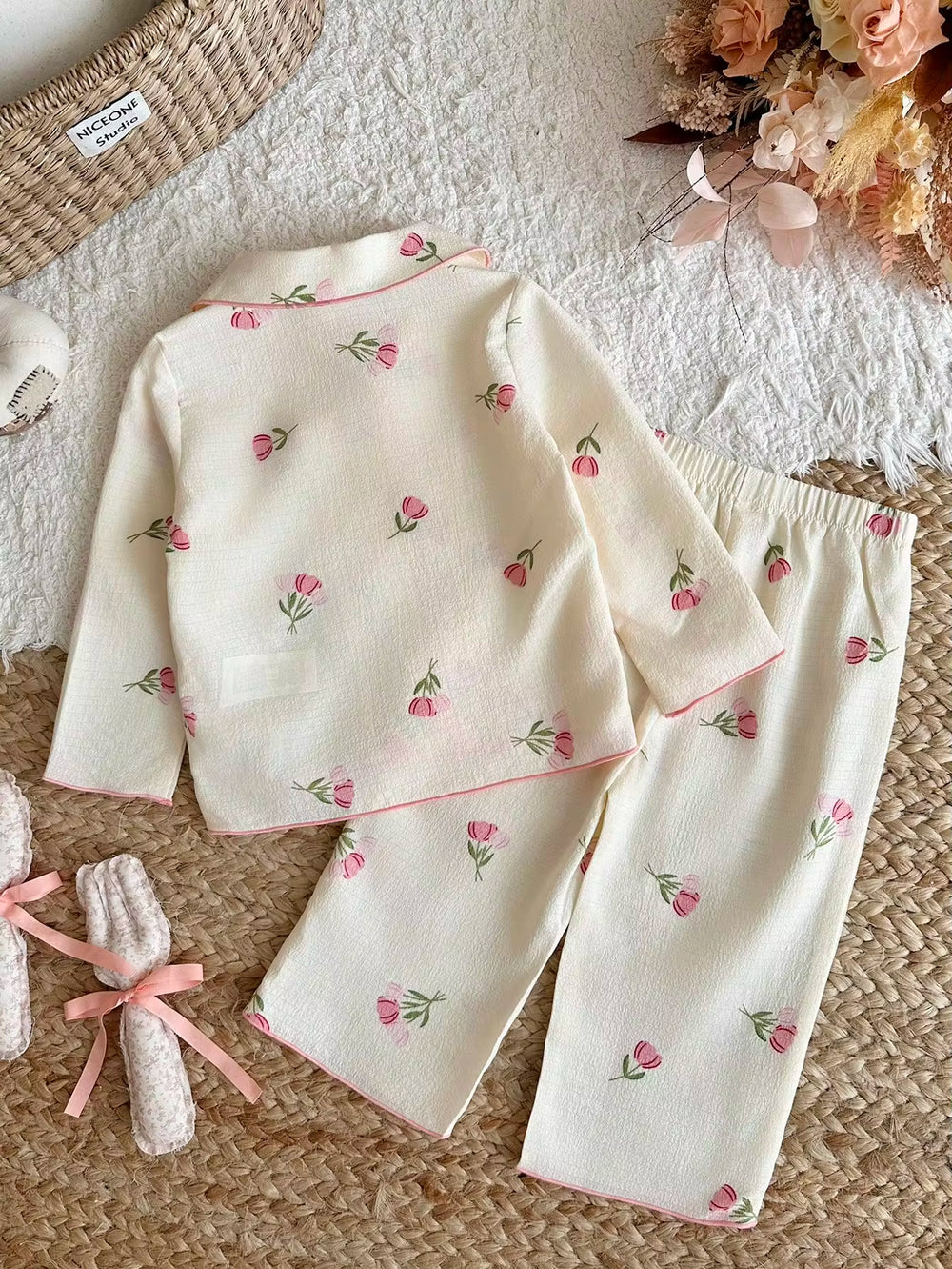 Set Kaos Pullover Lengan Panjang dan Celana Motif Bunga Bayi Perempuan 2 Pcs