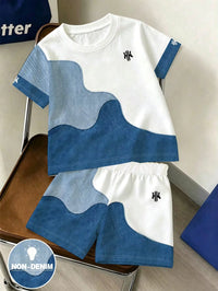 Set Pakaian Musim Panas Motif Color Block Gelombang Bayi Laki-Laki