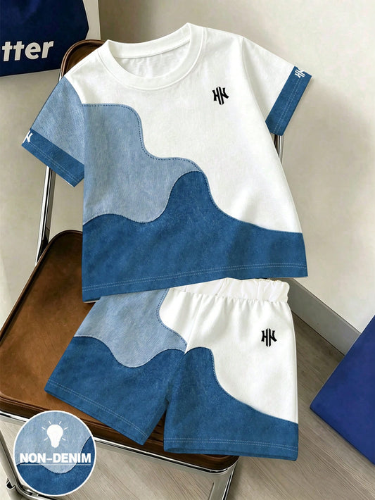 1 Set Baby Boy Outfit, Spring/Summer New Fashion Casual Versatile, Dark & Light Color Block Wave Patchwork, Creating Eye-Catching Summer Look, Photo-Ready, Handsome & Cool Design, Suitable For Daily Outings, School Wear, Holiday Travel, Multi-Wear, Perfect As A Gift, Easily Unlock Multiple Boys' Summer Styles