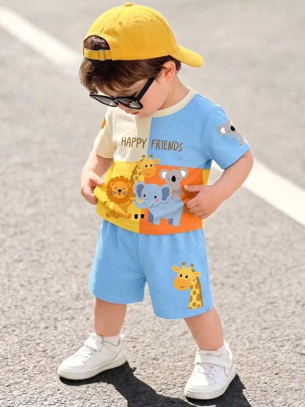 Set Kaos Lengan Pendek Motif Hewan Kartun dan Celana Pendek Bayi Laki-Laki 2 Pcs