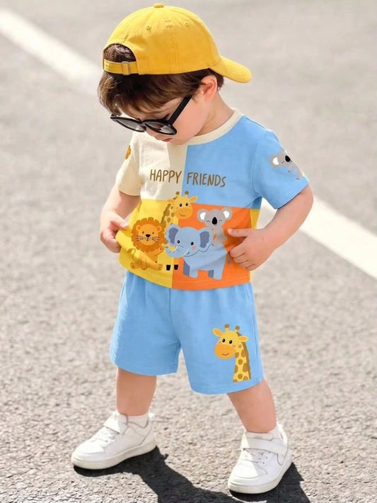Set Kaos Lengan Pendek Motif Hewan Kartun dan Celana Pendek Bayi Laki-Laki 2 Pcs