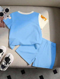 Baby Boy Casual Minimalist Cartoon Animal Print Short Sleeve T-Shirt And Shorts Set, Suitable For Summer