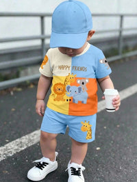 Baby Boy Casual Minimalist Cartoon Animal Print Short Sleeve T-Shirt And Shorts Set, Suitable For Summer