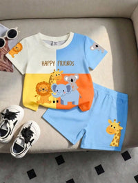 Set Kaos Lengan Pendek Motif Hewan Kartun dan Celana Pendek Bayi Laki-Laki 2 Pcs