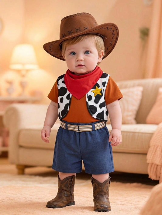 SHEIN Baby Boy, Baby Boy 4pcs Cute Denim Outfit, Short Sleeve T-Shirt And Cow Print Vest And Shorts And Red Bandana Set, Halloween