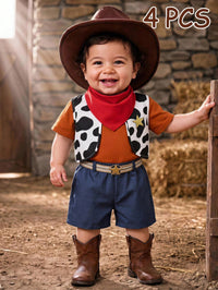 SHEIN Baby Boy, Baby Boy 4pcs Cute Denim Outfit, Short Sleeve T-Shirt And Cow Print Vest And Shorts And Red Bandana Set, Halloween