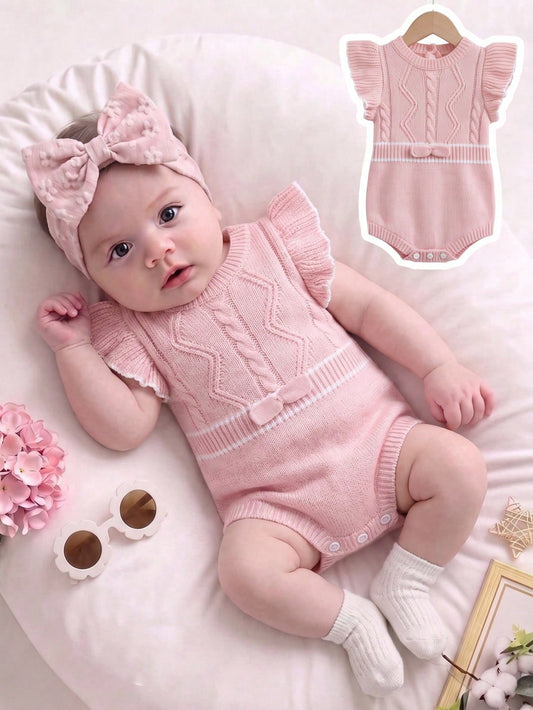 SHEIN Baby Girl Sweater Crawling Suit, Pullover, Beige, Knitted, Short Flutter Sleeves, Lace Collar, Jacquard, Button Front Autumn Fall