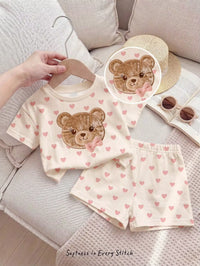 Set Kaos dan Celana Pendek Bordir Beruang Bayi Perempuan 2 Pcs
