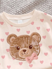 Warm Oatmeal Color, Cute Sweet Girl Bow Bear Applique Embroidery Pattern, Baby Girl Casual Soft Comfortable Loose Round Neck T-Shirt & Casual Shorts 2 Pieces Set, Suitable For Daily, Campus, Back To School, New Season, Sweet Girly Style