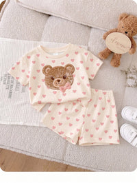 Warm Oatmeal Color, Cute Sweet Girl Bow Bear Applique Embroidery Pattern, Baby Girl Casual Soft Comfortable Loose Round Neck T-Shirt & Casual Shorts 2 Pieces Set, Suitable For Daily, Campus, Back To School, New Season, Sweet Girly Style