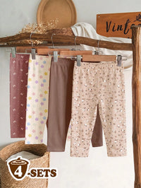 Maillard Color Palette, Bohemian Floral & Polka Dot Pattern, Baby Girl Cute Comfortable Casual Elastic Leggings 4pcs Set, Suitable For Autumn/Winter Daily Wear, Easy Comfort, Casual Wear, New Season
