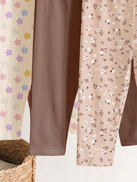 Maillard Color Palette, Bohemian Floral & Polka Dot Pattern, Baby Girl Cute Comfortable Casual Elastic Leggings 4pcs Set, Suitable For Autumn/Winter Daily Wear, Easy Comfort, Casual Wear, New Season