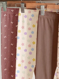 Maillard Color Palette, Bohemian Floral & Polka Dot Pattern, Baby Girl Cute Comfortable Casual Elastic Leggings 4pcs Set, Suitable For Autumn/Winter Daily Wear, Easy Comfort, Casual Wear, New Season