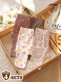 Maillard Color Palette, Bohemian Floral & Polka Dot Pattern, Baby Girl Cute Comfortable Casual Elastic Leggings 4pcs Set, Suitable For Autumn/Winter Daily Wear, Easy Comfort, Casual Wear, New Season