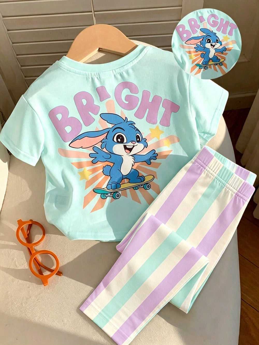 Baby Girl Casual Minimalist Cute Cartoon Blue Rabbit Lulu, Stitch Pattern, Striped, Round Neck Loose Short Sleeve T-Shirt And Leggings Set, Suitable For Spring/Summer, Kawaii, Graphic, Cozy, Vacation Style, Dopamine Color, Looks Of Party