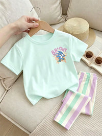 Set Kaos Lengan Pendek Motif Kartun dan Celana Bayi Perempuan