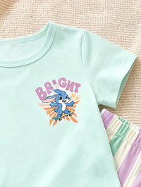 Baby Girl Casual Minimalist Cute Cartoon Blue Rabbit Lulu, Stitch Pattern, Striped, Round Neck Loose Short Sleeve T-Shirt And Leggings Set, Suitable For Spring/Summer, Kawaii, Graphic, Cozy, Vacation Style, Dopamine Color, Looks Of Party